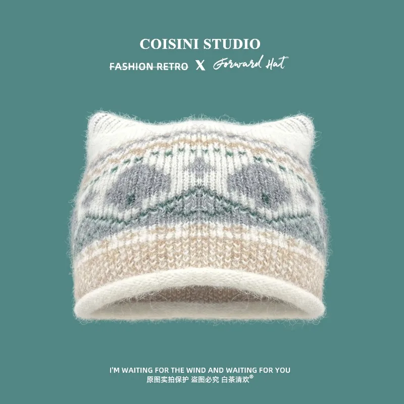 Neue Strickmütze im Fair Isle-Stil mit Katzenohren für Herren und Damen, warm und niedlich, mit Ohrenschutz, ideal für Herbst und Winter. – Detail 1