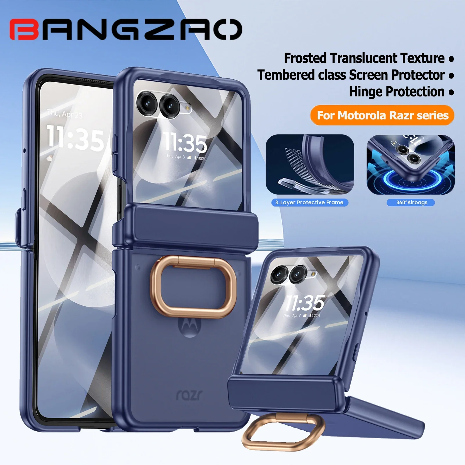 

С кольцевым держателем, защитная пленка для экрана, мягкий чехол «все включено», противоударная беспроводная зарядка для Motorola Razr 2025/2024-синий