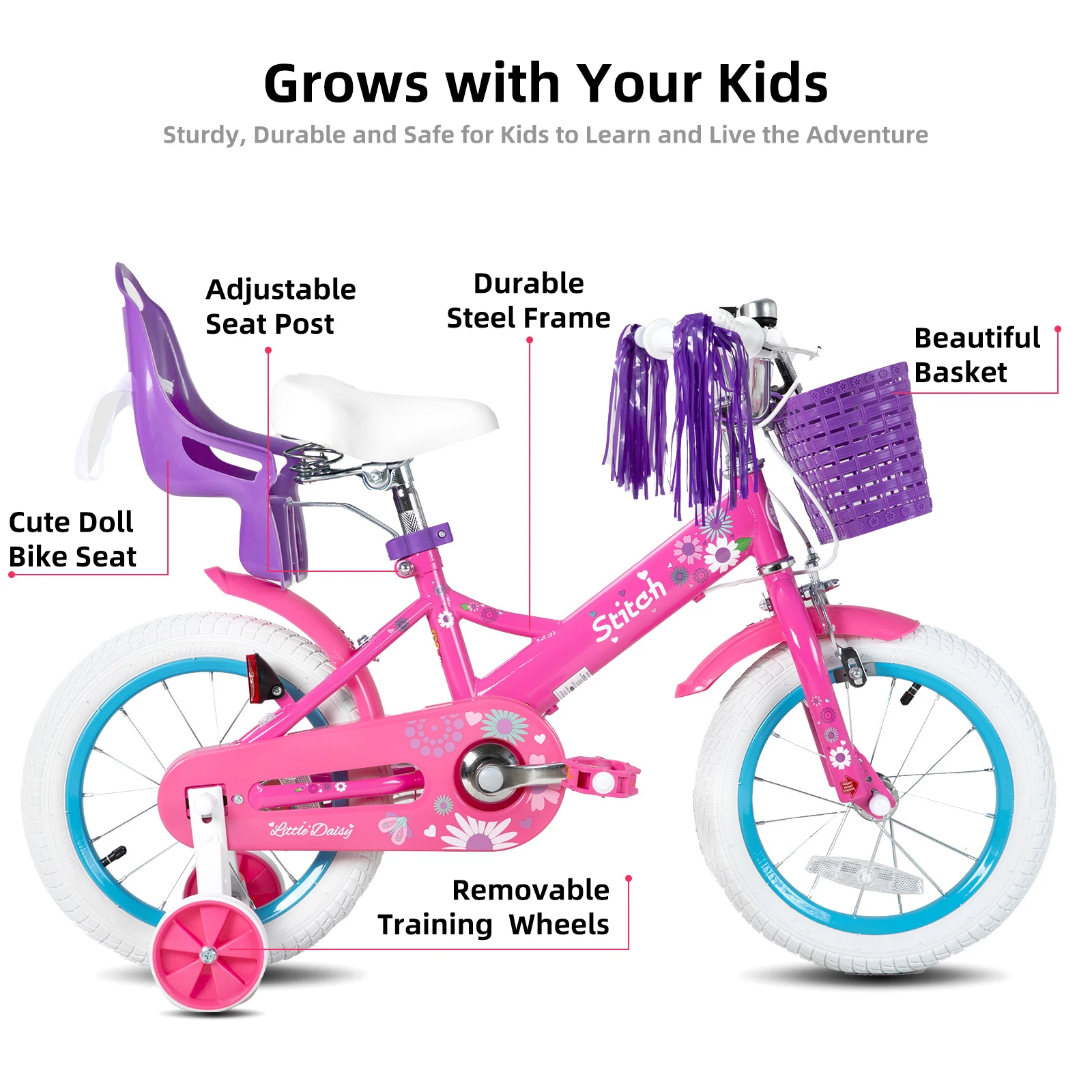 STITCH Kinderfahrrad für Mädchen und Jungen im Alter von 2–7 Jahren, 12 14 16 Zoll Mädchenfahrräder mit Puppenfahrradsitz und Luftschlangen, Fahrradkorb