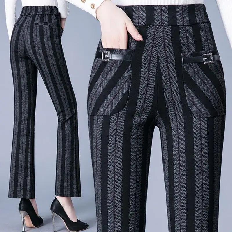 Vintage Autumn Winter Flare Pants New Women Pocket Striped Plaid Elastic High Waist Fashion Versatile Slim Plus Velvet Trousers