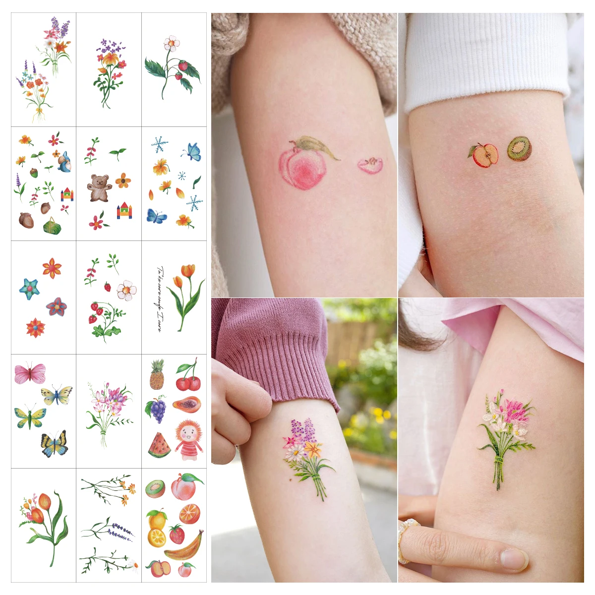 

TATTOO 15pcs Colorful Tattoo Stickers For Women Instagram Style Fresh Flowers Disposable Water Transfer Printing Cover Stickers