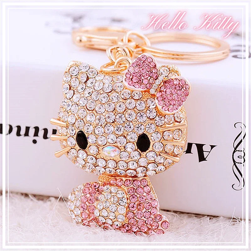 Hello Kitty Jewelry Rhinestone Crystal 6 Colors Kitty Cat Shape Pendant Keychain Car Handbag Key Holder Party Kid Birthday Gifts