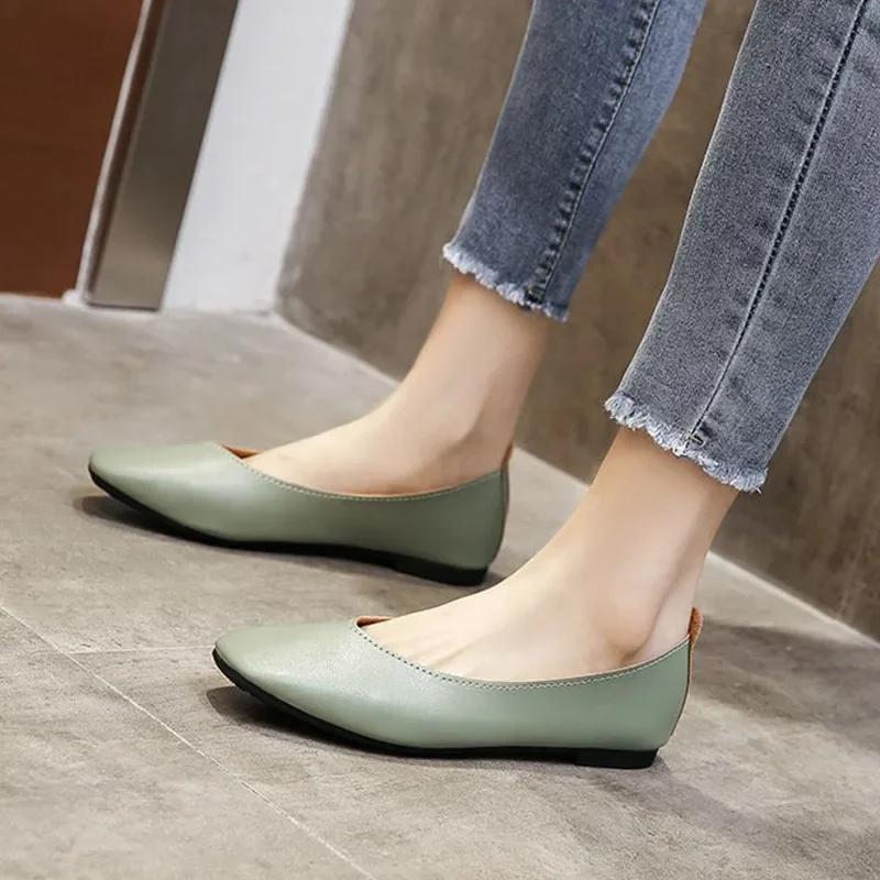 Autumn Women\'s Single Shoes Slip on Soft Sole Casual Shoes Office Lady Leather Shoes Loafers Fashion Square Toe Shallow Flats