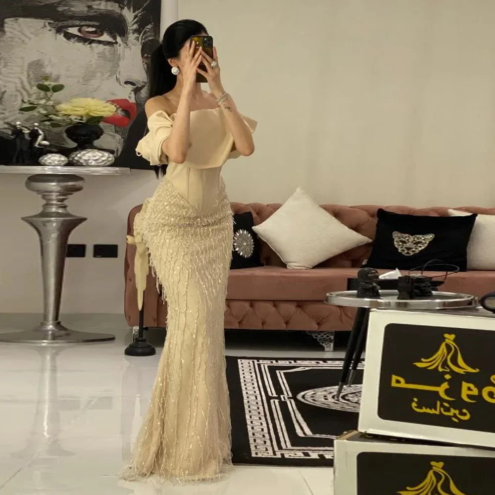

Customized Off the Shoulder Sequin Evening Dresses Champagne Corset Dress Beading Mermaid Formal Wedding Evening Gown