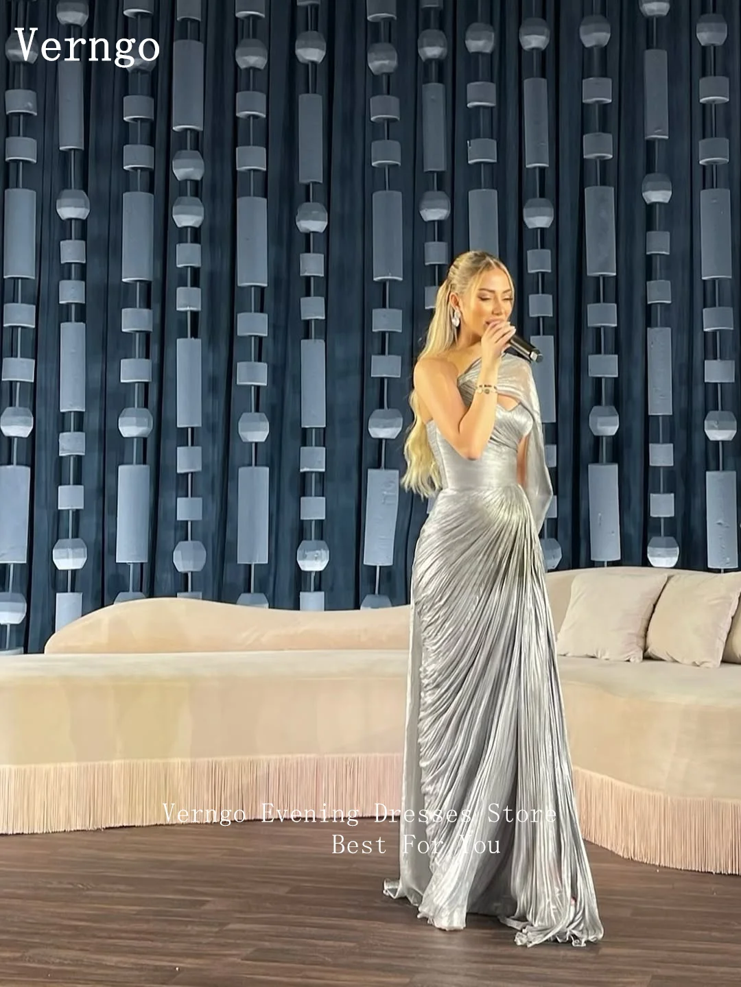Verngo Silver Shiny Satin Evening Dress Mermaid Maxi Formal Occasion Dress Elegant Saudi Arabic Prom Gowns Customized