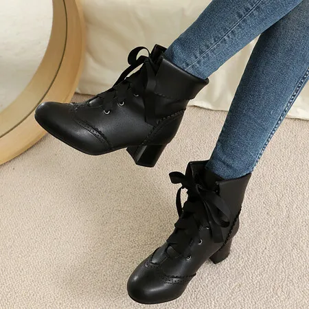 Sweet Retro Lace-up Ankle Ladies Boots Pink Black White Block High Heel Party Women Shoes Autumn Winter 2024 Large Size 43 44 45