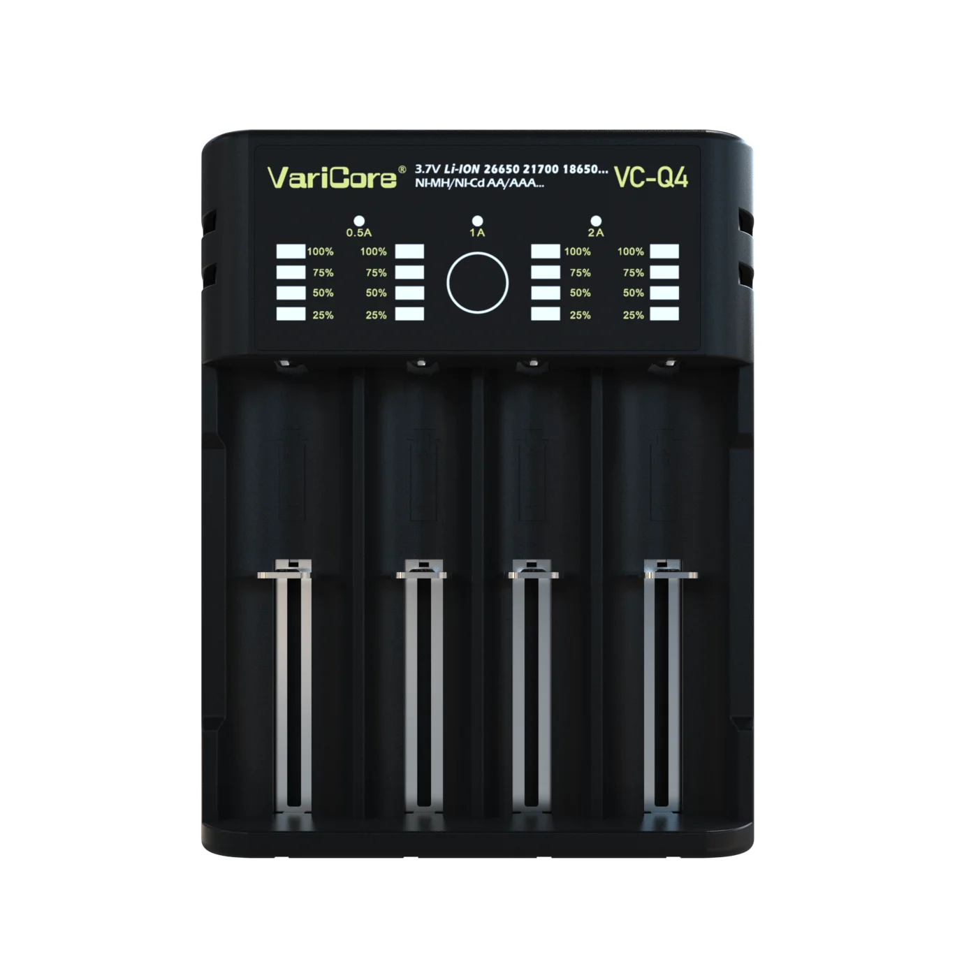 Varicore VC-Q4 4-slot chytrý baterie nabíječka přenosné  pro 3.7V li-ion 18650/26650/21700 & 1.2V ni-mh AA AAA - LED displej