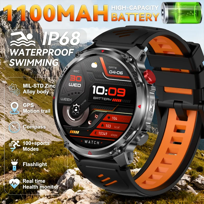 

2026 New T-REX3 1100mAh Battery SmartWatch 3ATM Waterproof Compass Altitude HD Bluetooth call Sports Flashlight Smart Watch Men