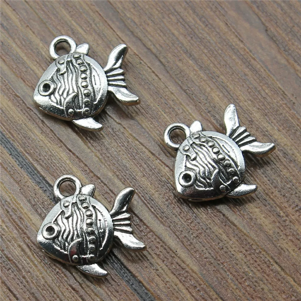 WYSIWYG 10pcs 14x15mm Charms Double Sided Fish Goldfish Antique Pendant Fit Vintage Tibetan Silver Color DIY Handmade Jewelry