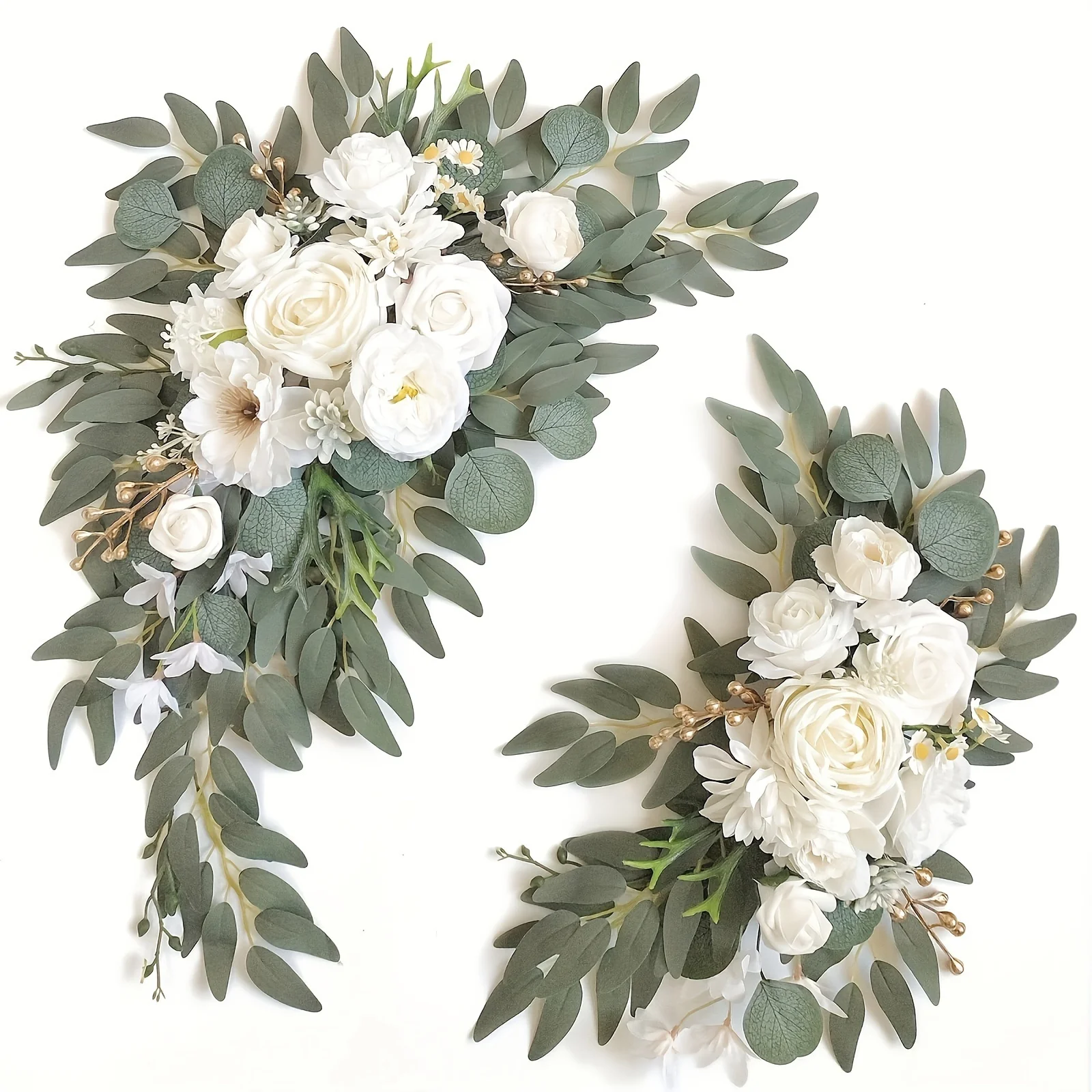 2-Piece Classic Flower Wreath Artificial White Floral Decoration With Plastic Plants, Suitable Wedding Arches, Receptions, Homes