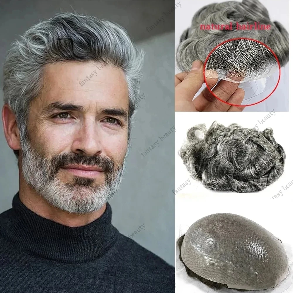 

Microskin Human Hair Mens Toupee Super Thin Transparent Pu Skin 0.06mm Capillary Prosthesis for Male Vloop 1B65 Grey Hair System