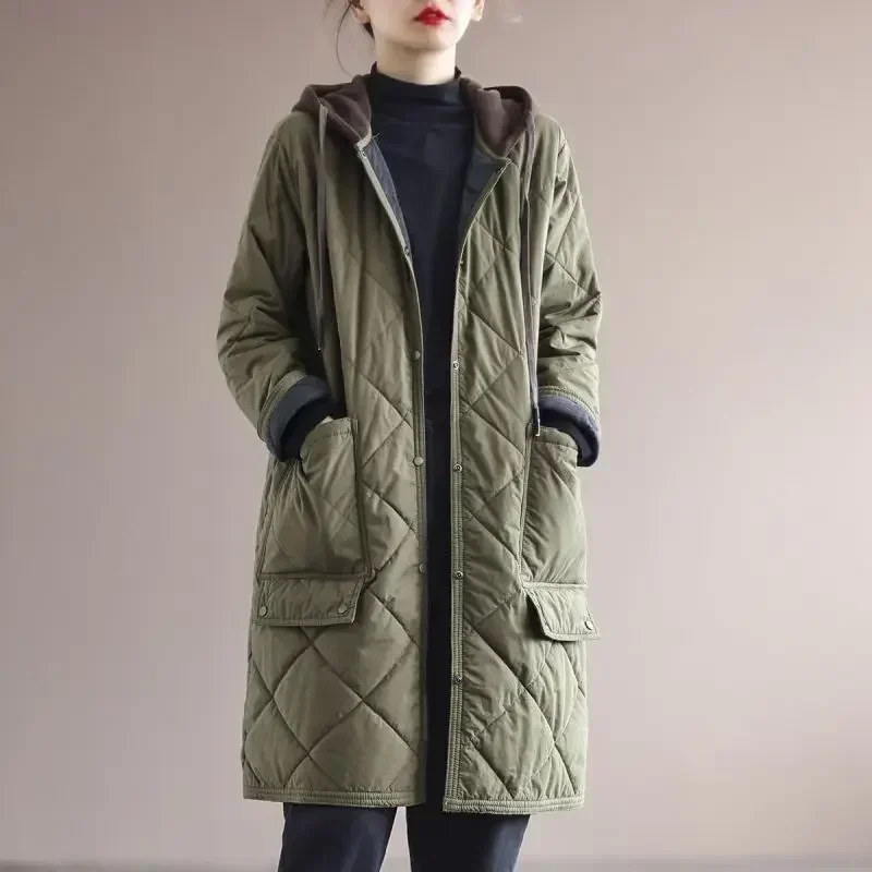 Winter Oversized 4xl Hooded Single-breasted Big Pocket Mid Length Women Coats Vintage Lightweight Warm Outwear New Loose Jackets