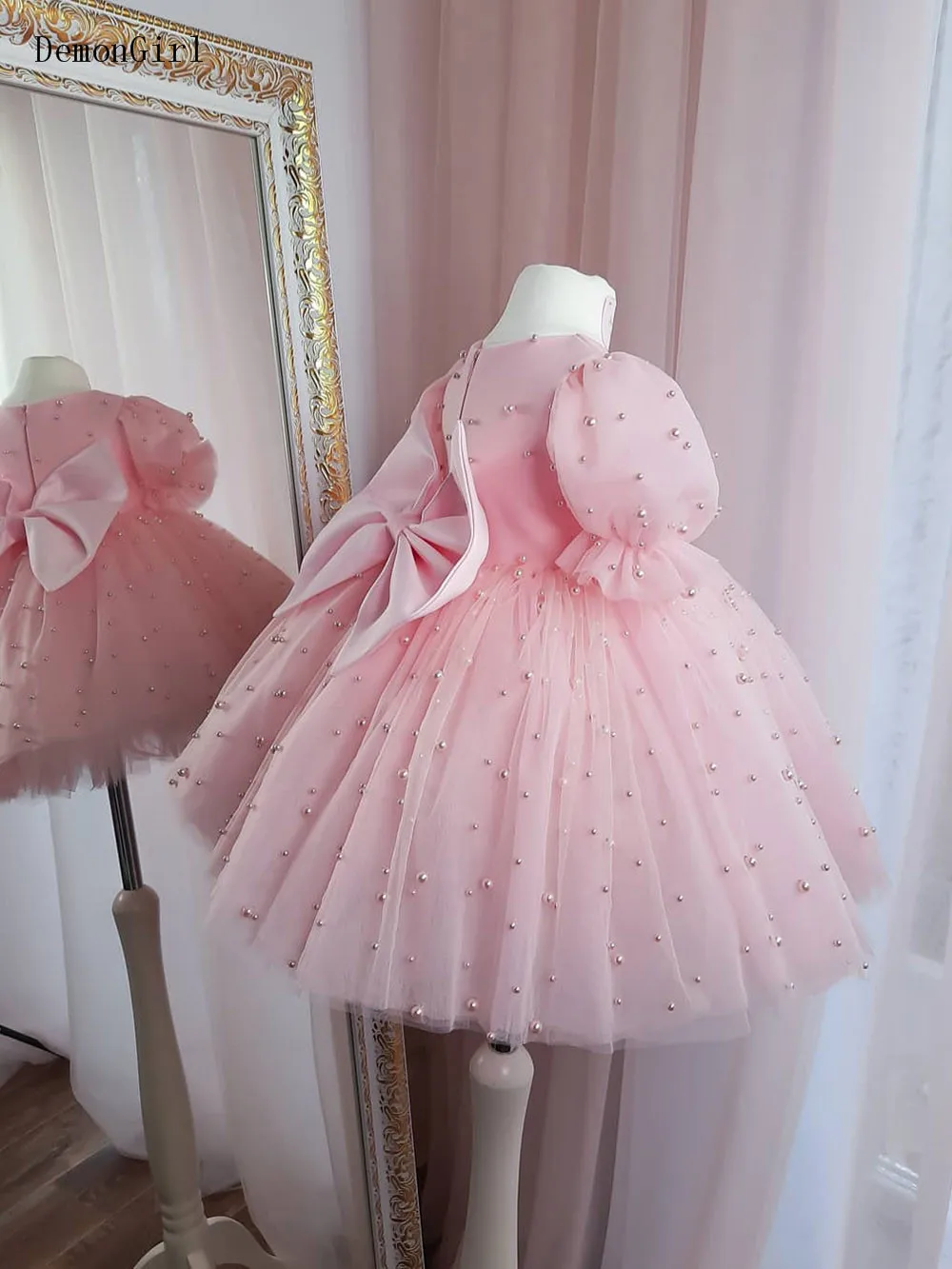 

Puffy Pink Tulle Gown Flower Girl Dress Baby Baptism First Communion Dress Bow Knot Flower Girl Dress Birthday Dress