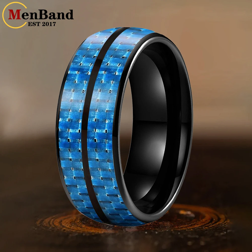 MenBand 6/8mm Domed Double Groove Blue Carbon Fiber Inlay Tungsten Ring for Men Women Fashion Engagement Wedding Band