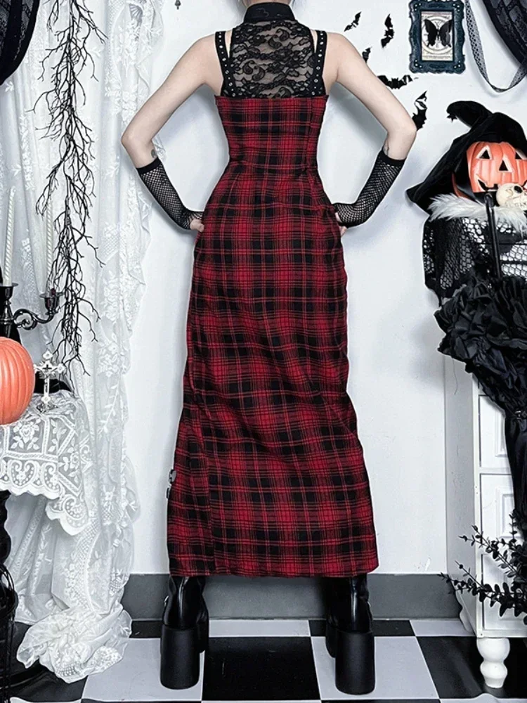 2025 New Vintage Gothic Harajuku Red Plaid Dress Women's Streetwear Y2k E-girl Lace Patchwork High Waist Bandage Corset Dresses