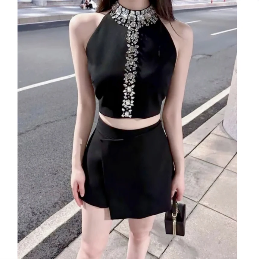 

High Street French Luxury Diamonds Beading Fashion Two Piece Set For Women Hotsweet Crop Top + Irregular Skirt 2 Piece Suits