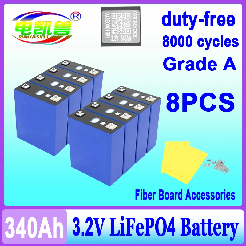 8pcs Grade A 340Ah 8000+ Cycle Lifepo4 Battery 3.2V Lithium iron phosphate Rechargeable cell For DIY 12V 48V EV RV Solar Camping