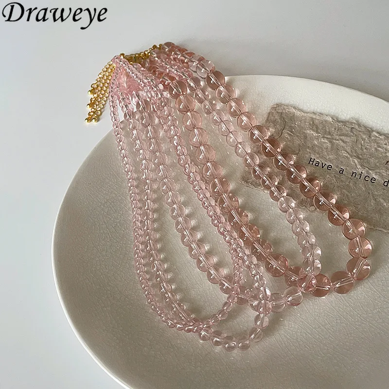 Draweye Pink Beads Necklace for Women Korean Fashion Mori Girls Sweet Collares Para Mujer Simple Basics Chokers Jewelry