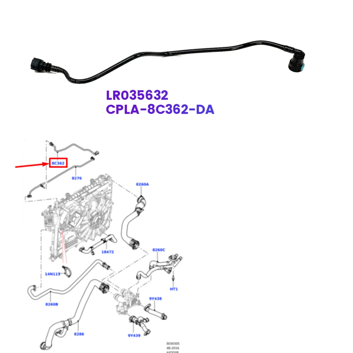 Car Radiator Ventilation Hose LR035632 for Range Rover L405 & Sport 4.4 TDV8 Engine Coolant Line Hose CPLA-8C362-da