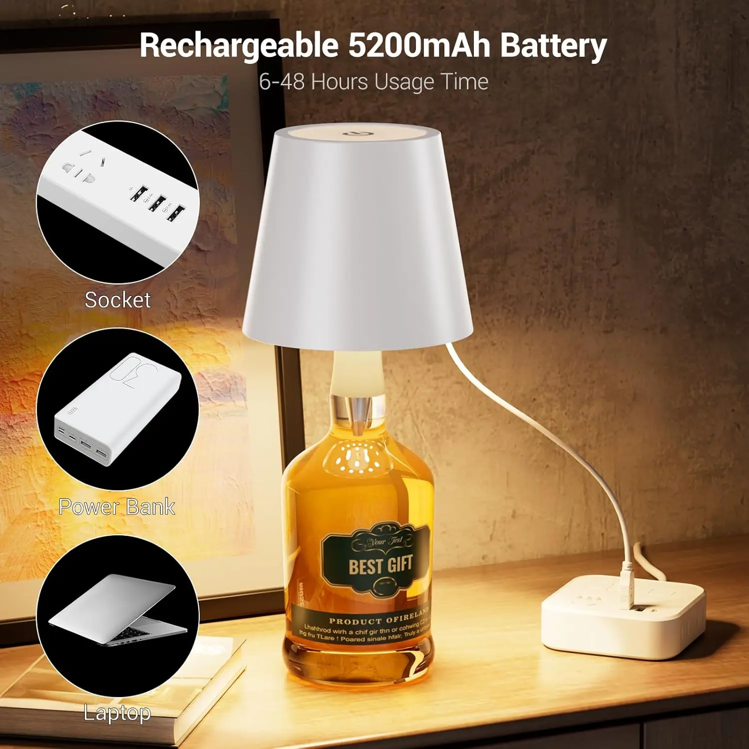 

Wireless LED Bottle Lamp for Wine & Whiskey Bottles, Rechargeable Touch Dimmable 3 Color Bottle Stopper Light, 1PCS