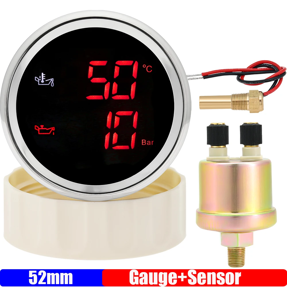 

ZMFJH Auto Car Boat Digital 2 IN 1 Oil Temperature+Oil Pressure Gauge Green Red LED 52mm Gauge with Oil Press/Temp Sensor Alarm
