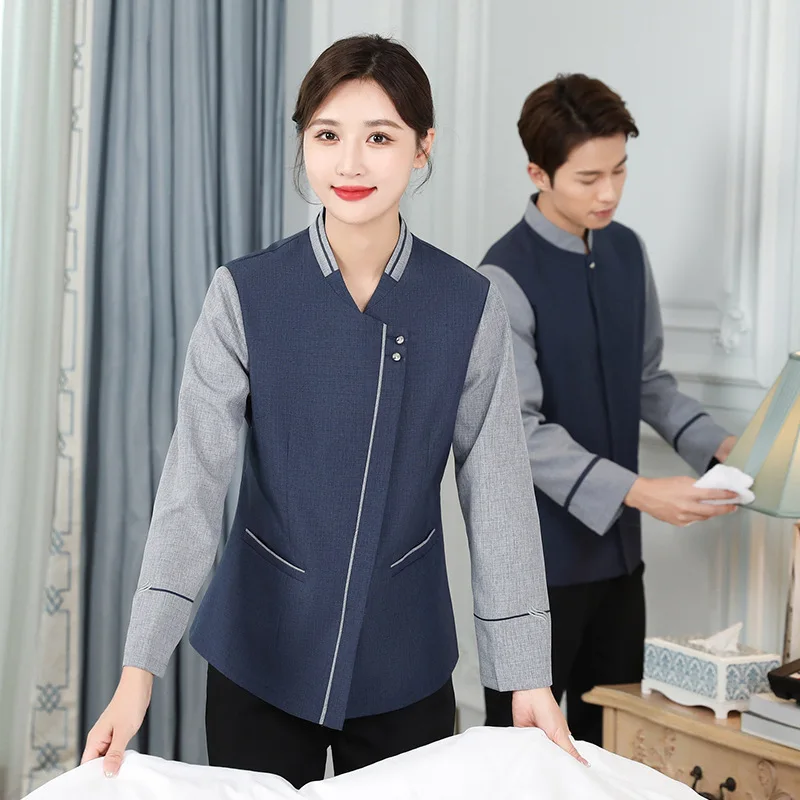 女性用半袖夏用清掃作業服、ホテル客室制服、不動産フロア清掃スタッフ制服、長袖ユニフォーム