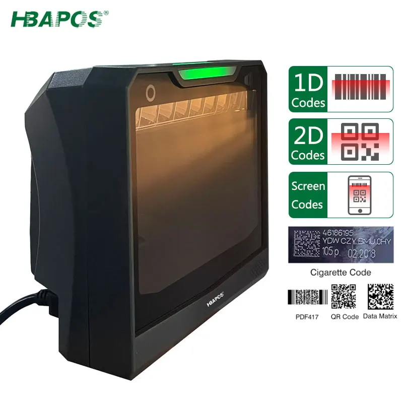 HBAPOS Barcode Scanner Hands-free Big Scan Window Automatic High Speed USB Interface Plug and Play 1D 2D QR Bar Code Reader