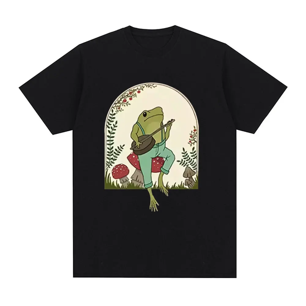 Cute Cottagecore T-shirts Aesthetic Frog Playing Banjo on Mushroom T Shirt Men Women Summer Cotton Casual Short Sleeve Tee Shirt