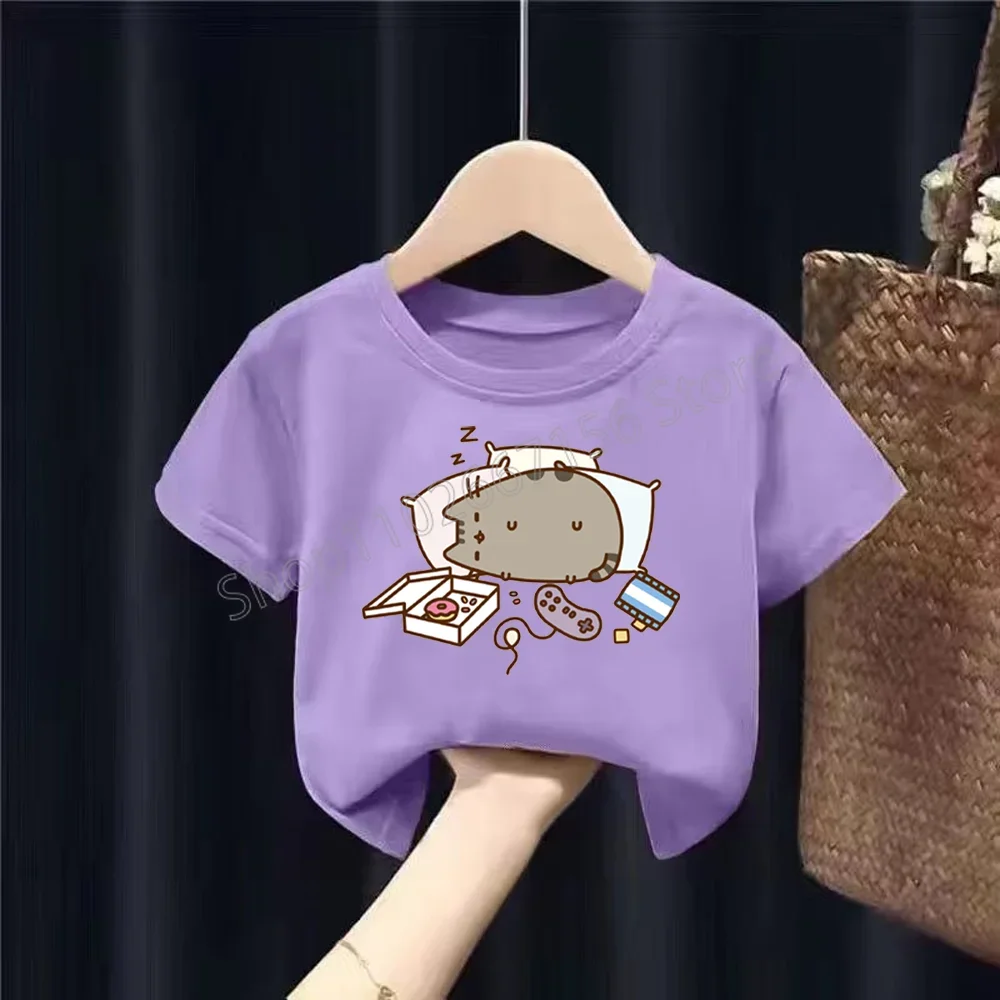 Purple Pusheen Teenagers T-shirts Cartoon Anime Figures Fat Cats Short Sleeves Tees Round Neck Tops Boutique Boys Girls Clothes