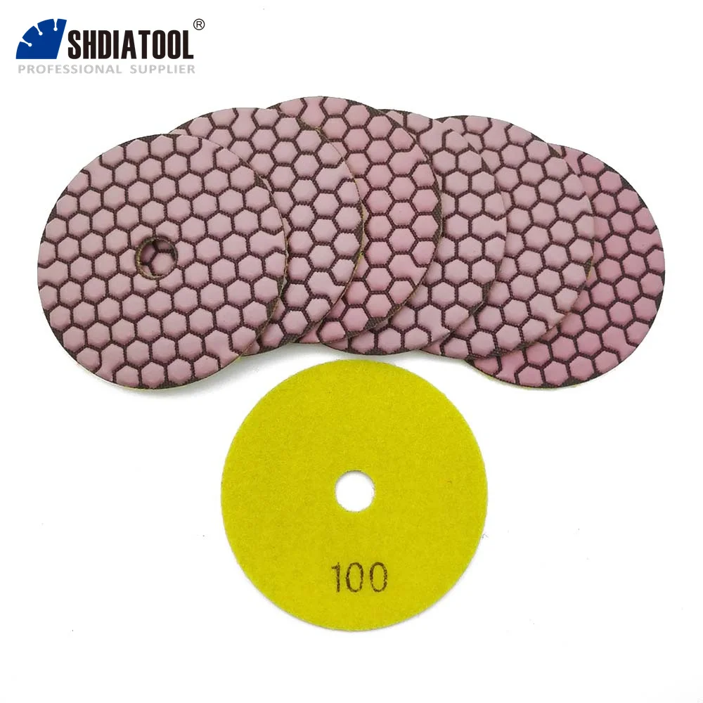 SHDIATOOL 7Pcs 4inch Resin Bond Diamond Flexible Dry Polishing Pads Grit #100 For Granite Marble Ceramic 100mm Dry Sanding Disc