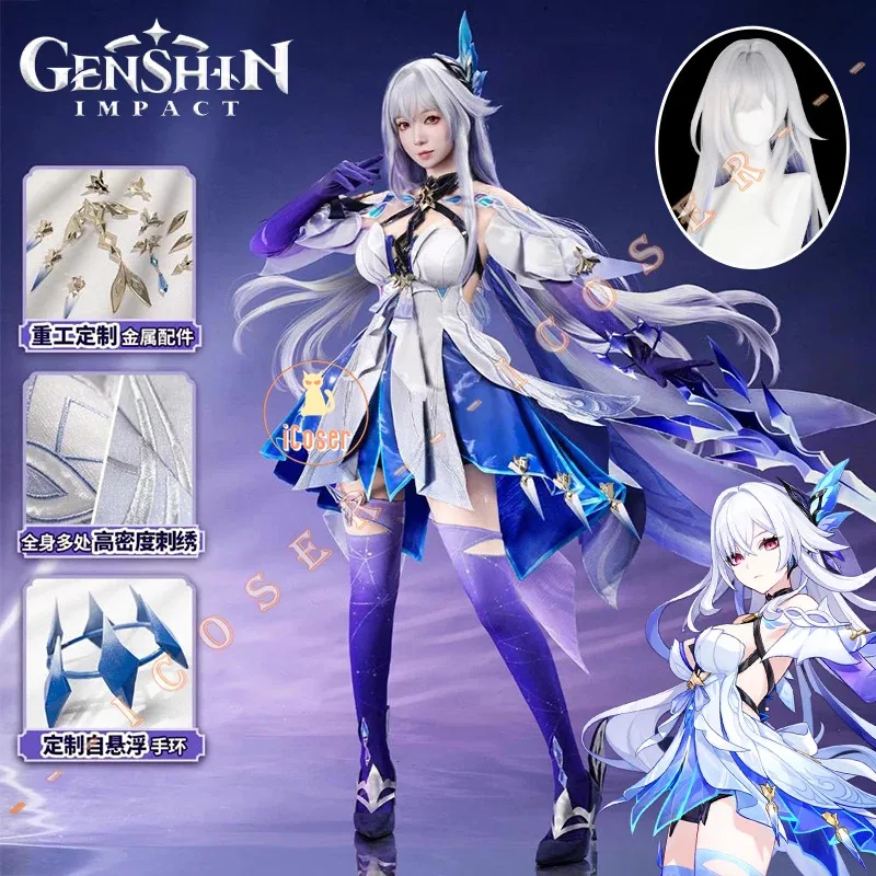 أزياء iCoser Genshin Impact Skirk التأثيرية فستان شعر مستعار جديد زي البشرة أغطية الرأس الدعائم المعدنية لحفلات الهالوين للنساء والفتيات كرنفال