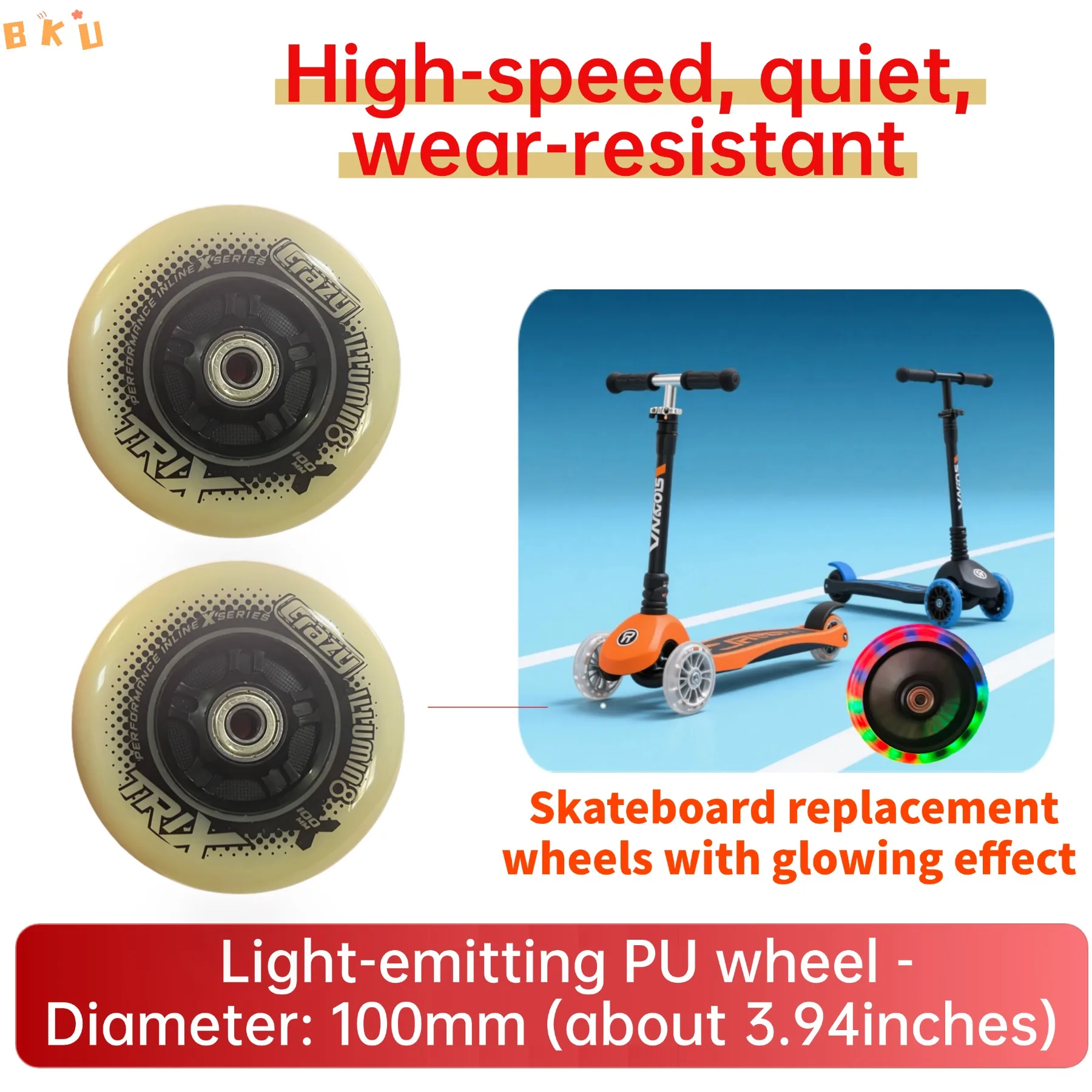 인라인 스케이트용 100mm PU LED 라이트 휠 2개, 교체 가능한 휠, 다채로운 조명, 내마모성 및 저소음.