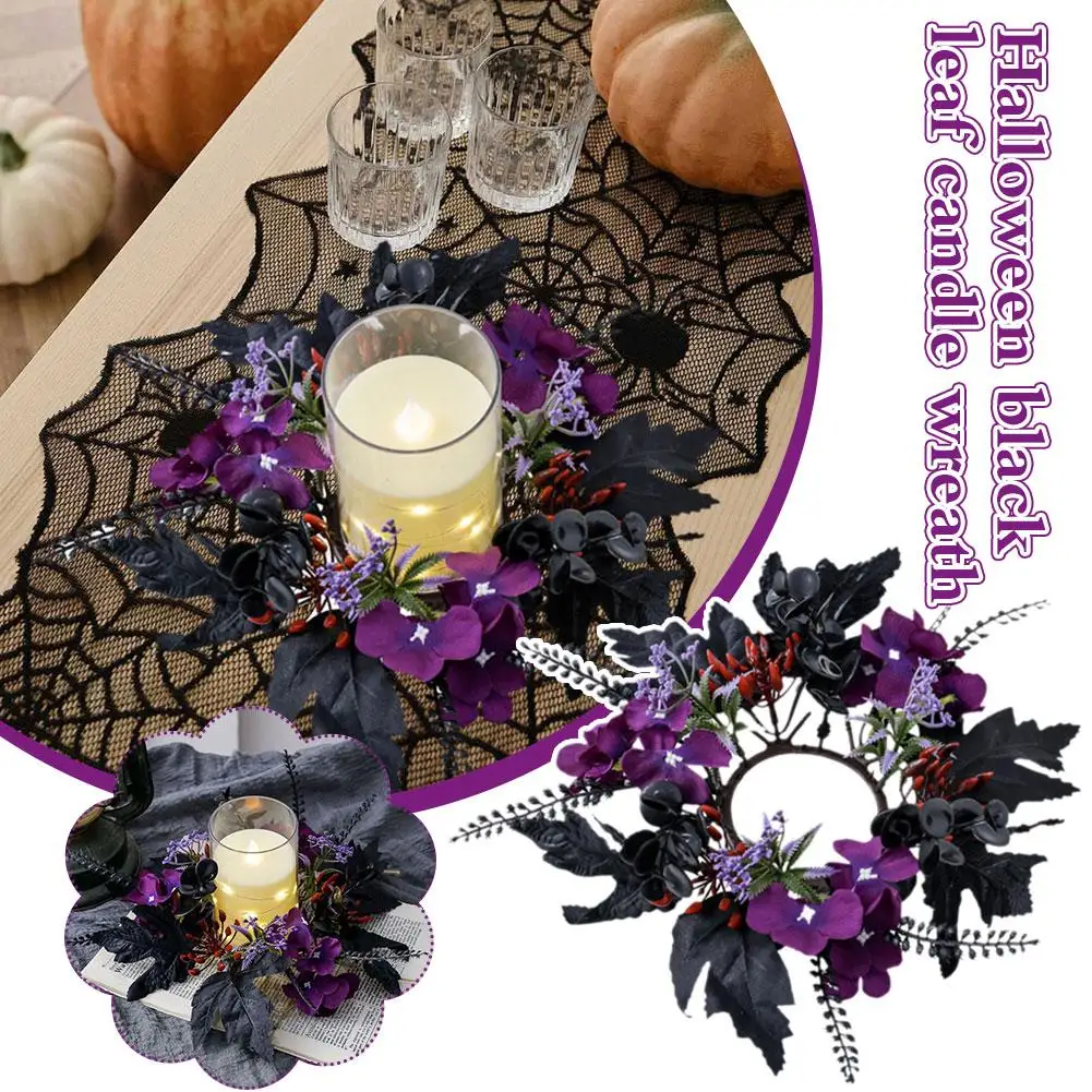 Halloween Black Leaf Candle Wreath Candlestick Pumpkin Desktop Decoration Ornament Artificial Halloween Supplies Garland U3G7