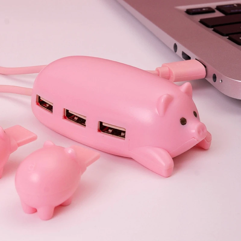 Cute USB 2.0 Hub Pink Mom Pig USB Hub with 3 Piglet Decoration Lids Great Gifts for Pig Lovers Cute Pig Stuff Pig Decor