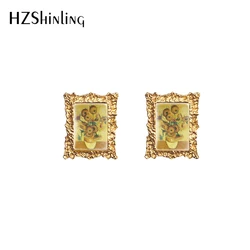 New Vintage Earrings Famous Oil Paintings Sunflower Starry Night Lotus Rectangle Glass Cabochon Jewelry Handmade Earrings