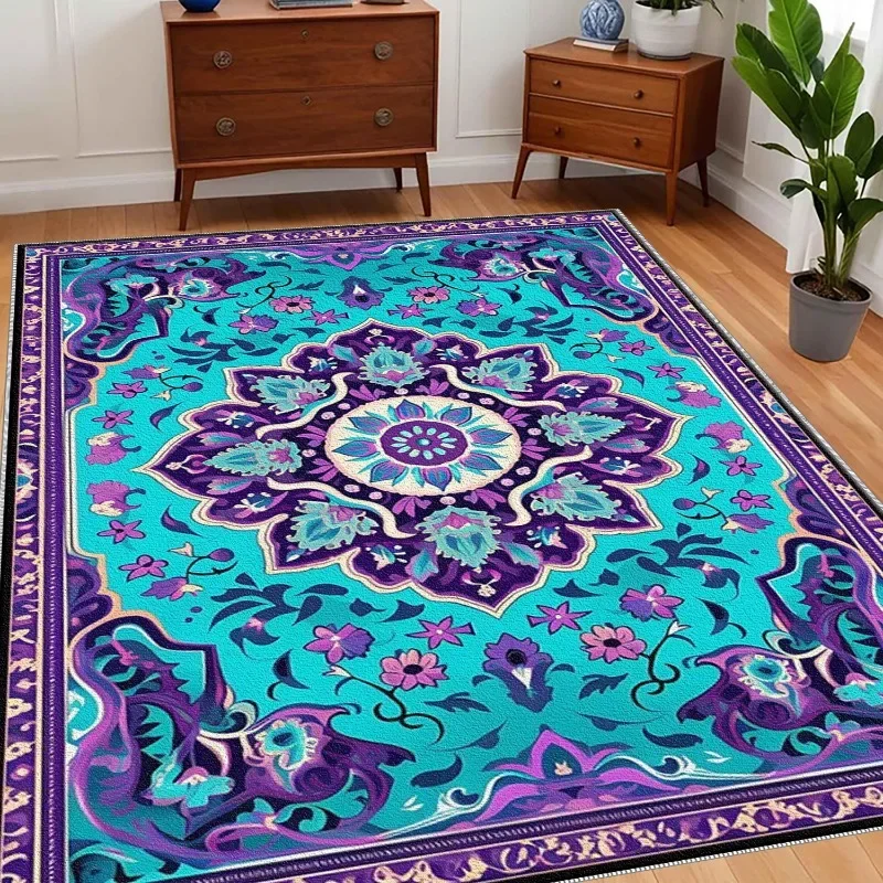 1pc of Bohemian-Style Area Rug Featuring a Turquoise And Purple Mandala Design, Perfect for Summer And Autumn Use in Bedrooms, L