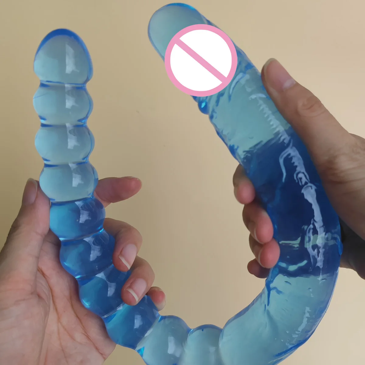 A Blue Transparent, Soft, and Elastic Dual-purpose Female Masturbator with U-shaped Double Dildo Soft Jelly for Same-sex Sex Toy