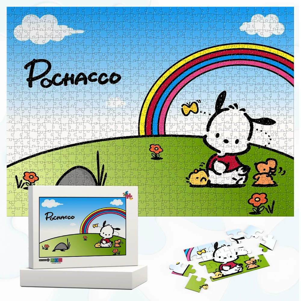 

Pochacco Jigsaw Puzzles Sanrio Anime Paper Jigsaw Puzzles Cartoon Rainbow Blue Sky White Clouds Large Adult Jigsaw Toys Hobbies