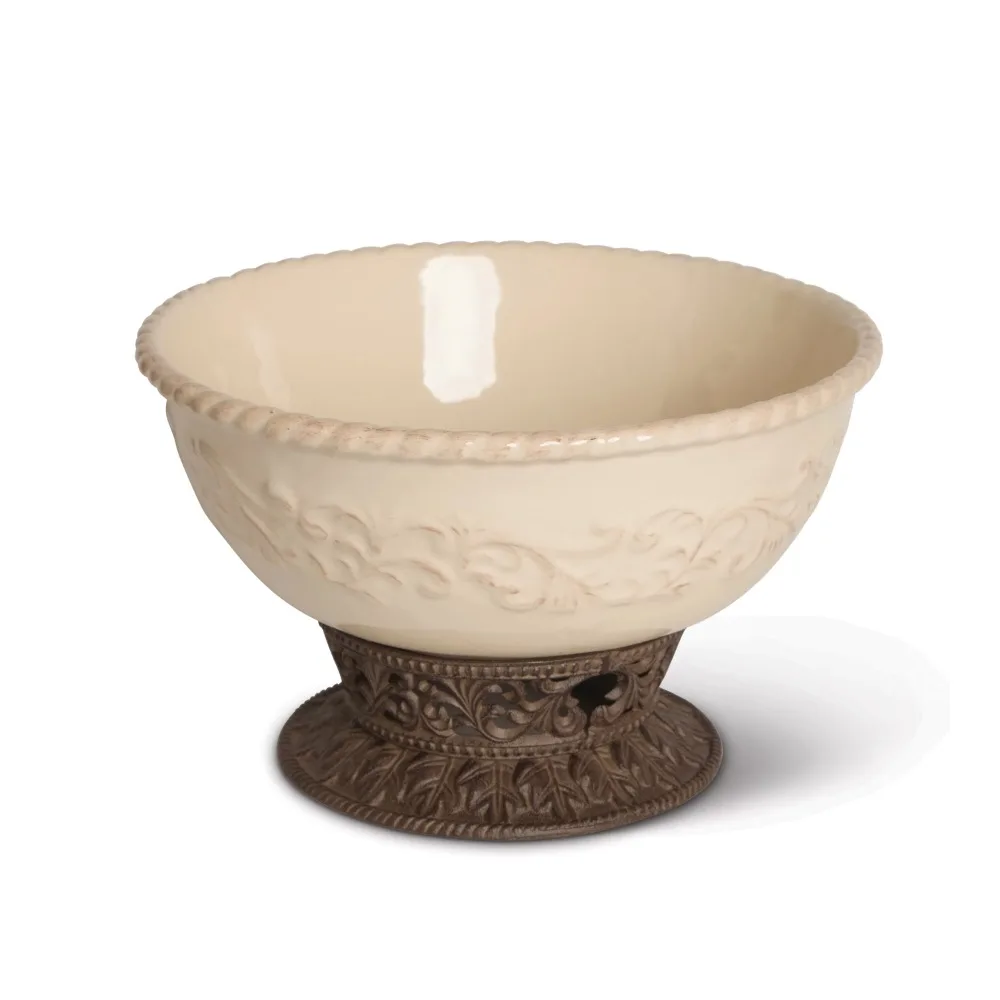 

Gerson Detailed Embossed Cream Ceramic 12-Inch Dia. Bowl With Beautiful Acanthus Leaf Scrolled Metal Base