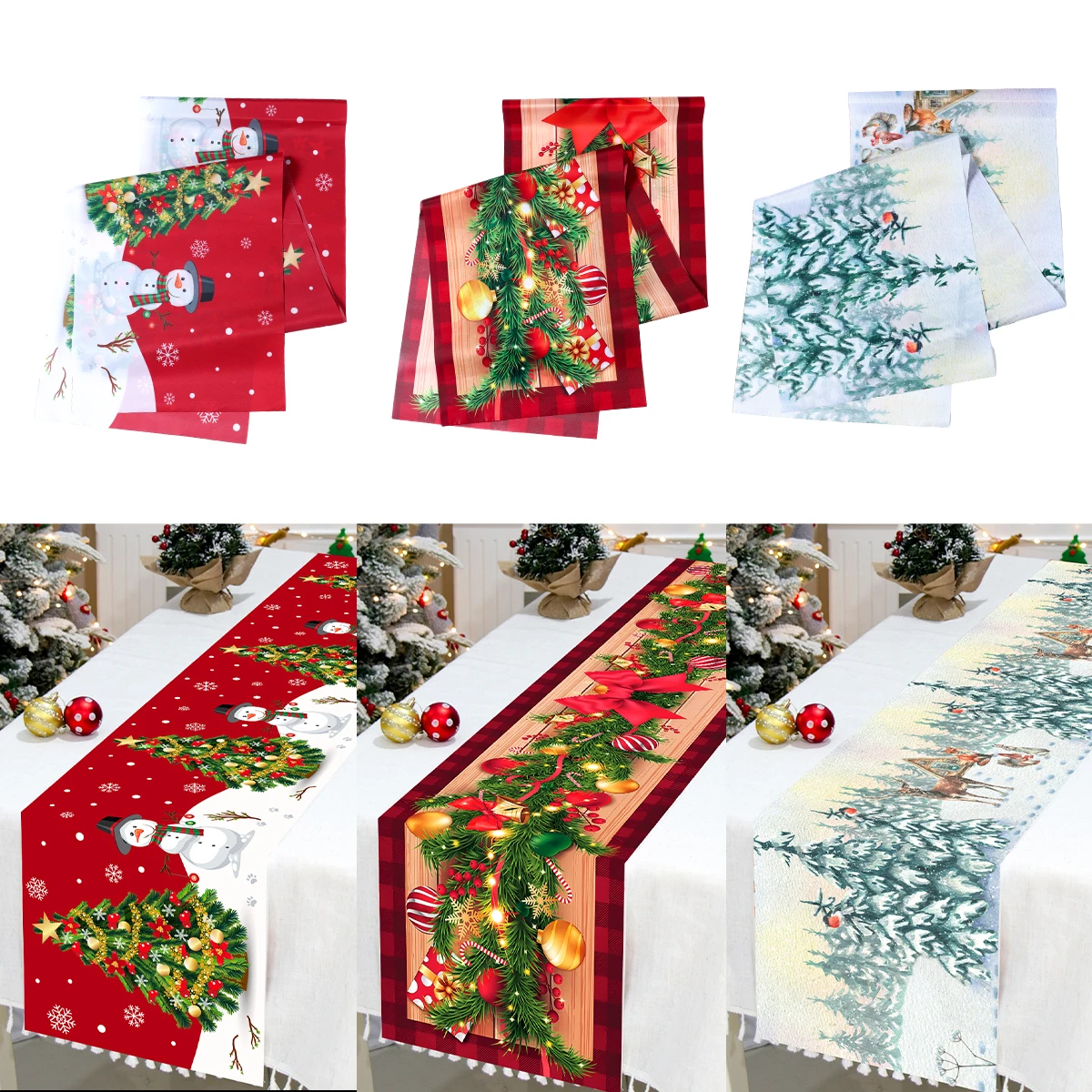 Christmas Table Runner Polyester Xmas Table Flag Cover 2024 Merry Christmas Decorations for Home 2025 New Year Xmas Tablecloth