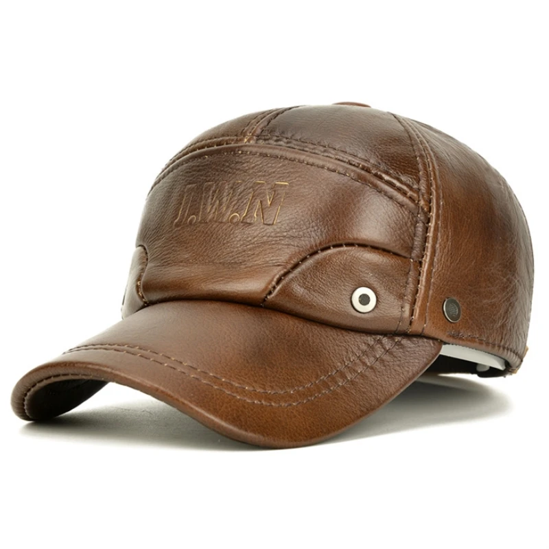 

NORTHWOOD Brown Real Leather Winter Hat Genuine Leather Baseball Cap for Men Adjustable Outdoor Keep Warm Snapback Earflaps Hat