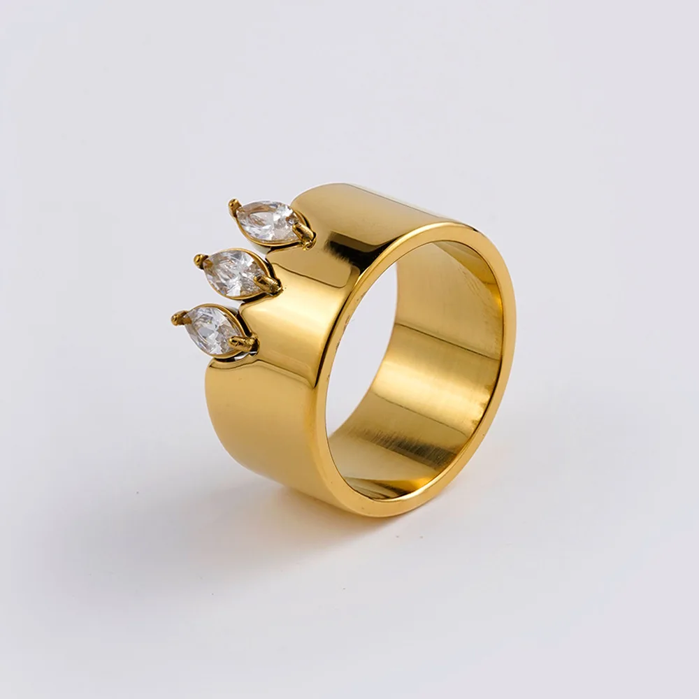 

Fashion Three Eyes Zircon Ring 18K Gold Plated Stainless Steel Wide Band Hip Hop Style Finger Ring