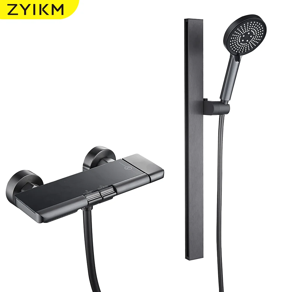 

Two-Stage Gunmetal Gray Shower Polished Brass Thermostatic Faucets Ceramic Multiple Patterns-Pause Soft Rain Jet