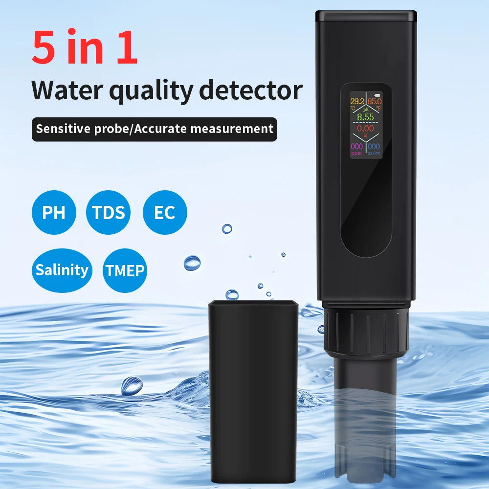 5 in 1 EC TDS TEMP Salinity PH Meter Water Quality Tester Rechargeable for Household Drinking Water Aquarium Swimming Pool Spa