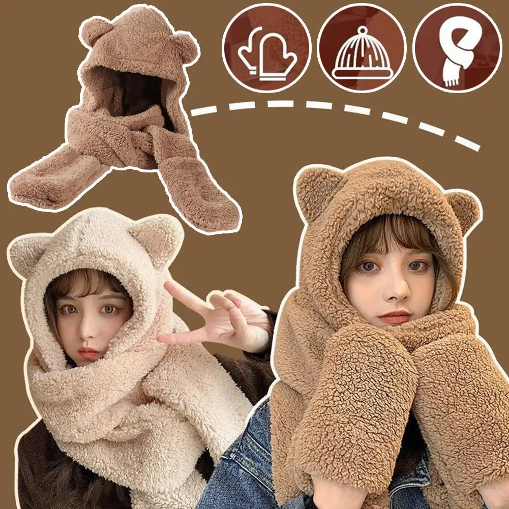 Cute Bear Ear Hat Fashion Winter Warm Comforts Polyester Plush Scarf Casual Warm Girl Gloves Hat Hat Kawaii Thickened Hoodi D0E4