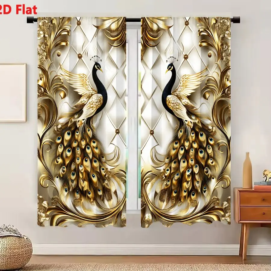 2Pcs Curtains 2D Flat Ornate Symmetrical Artwork Two Peacocks White Quilted Background Gold Decorative Border Iridescent Blue-Bl
