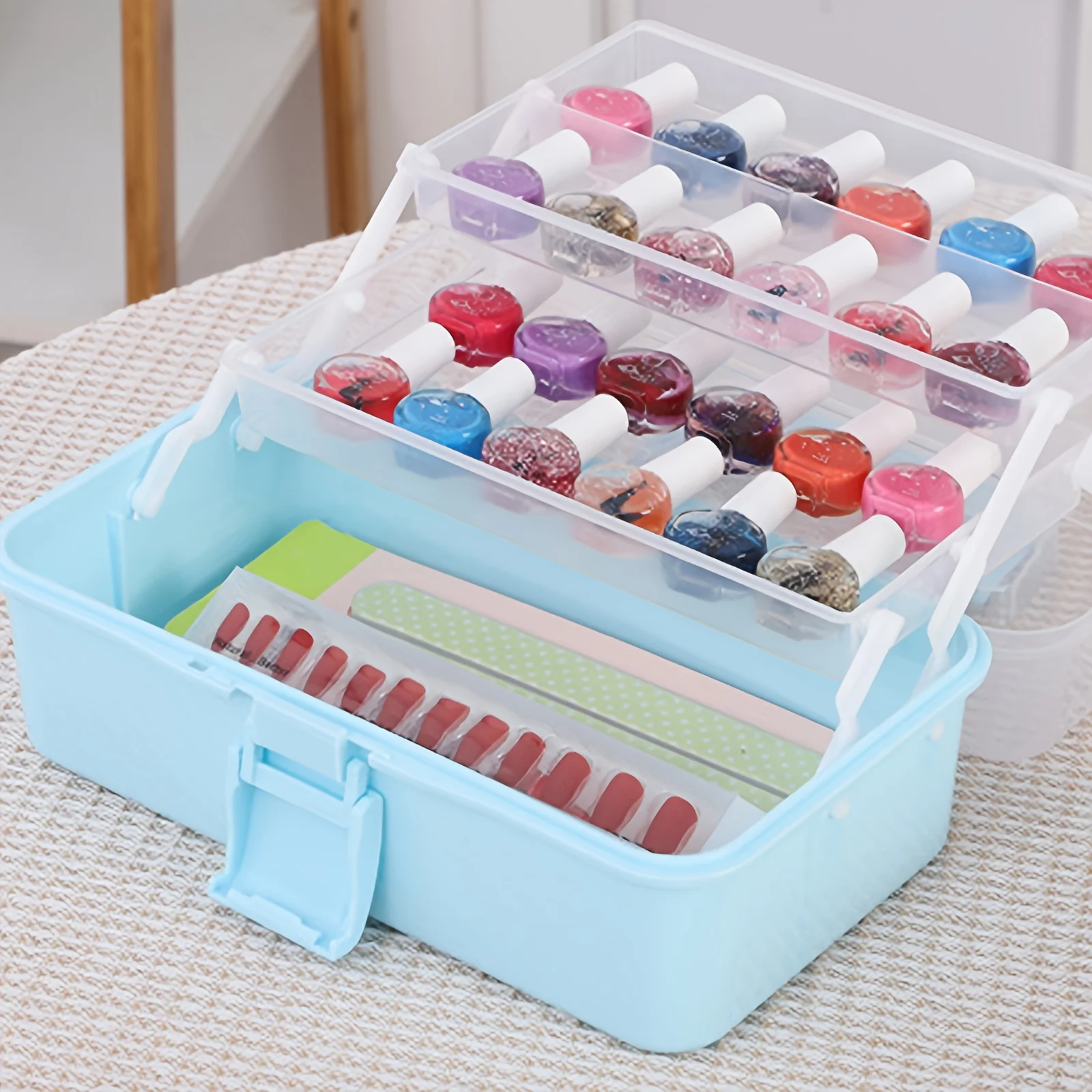 11\'\' Clear Plastic Craft Storage Box, Sewing Box Organizer 3-Layers with Removable Tray, Art Storage Box with Handle