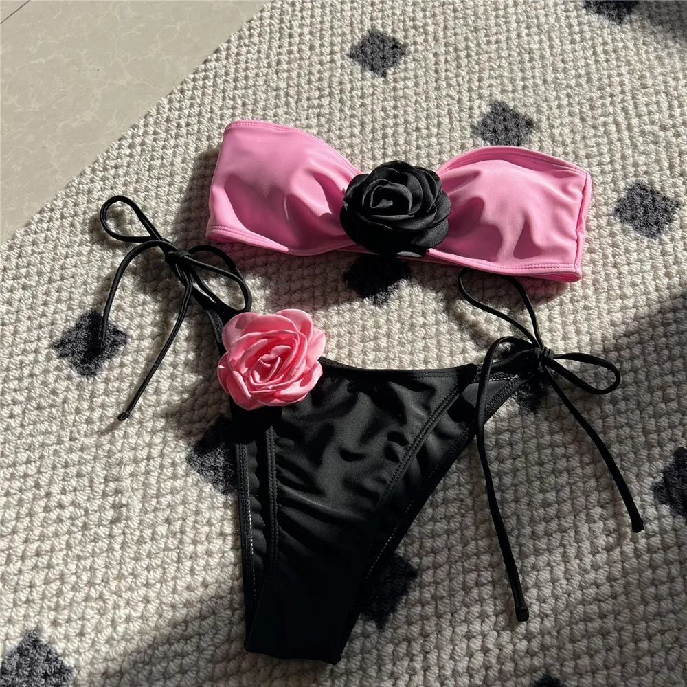 Sexy 3D Flower Bandeau Bikini Contrast Swimwear 2024 Women Micro Thong Swimsuits String Lace-up Bathing Suit Bikinis Set Mujer