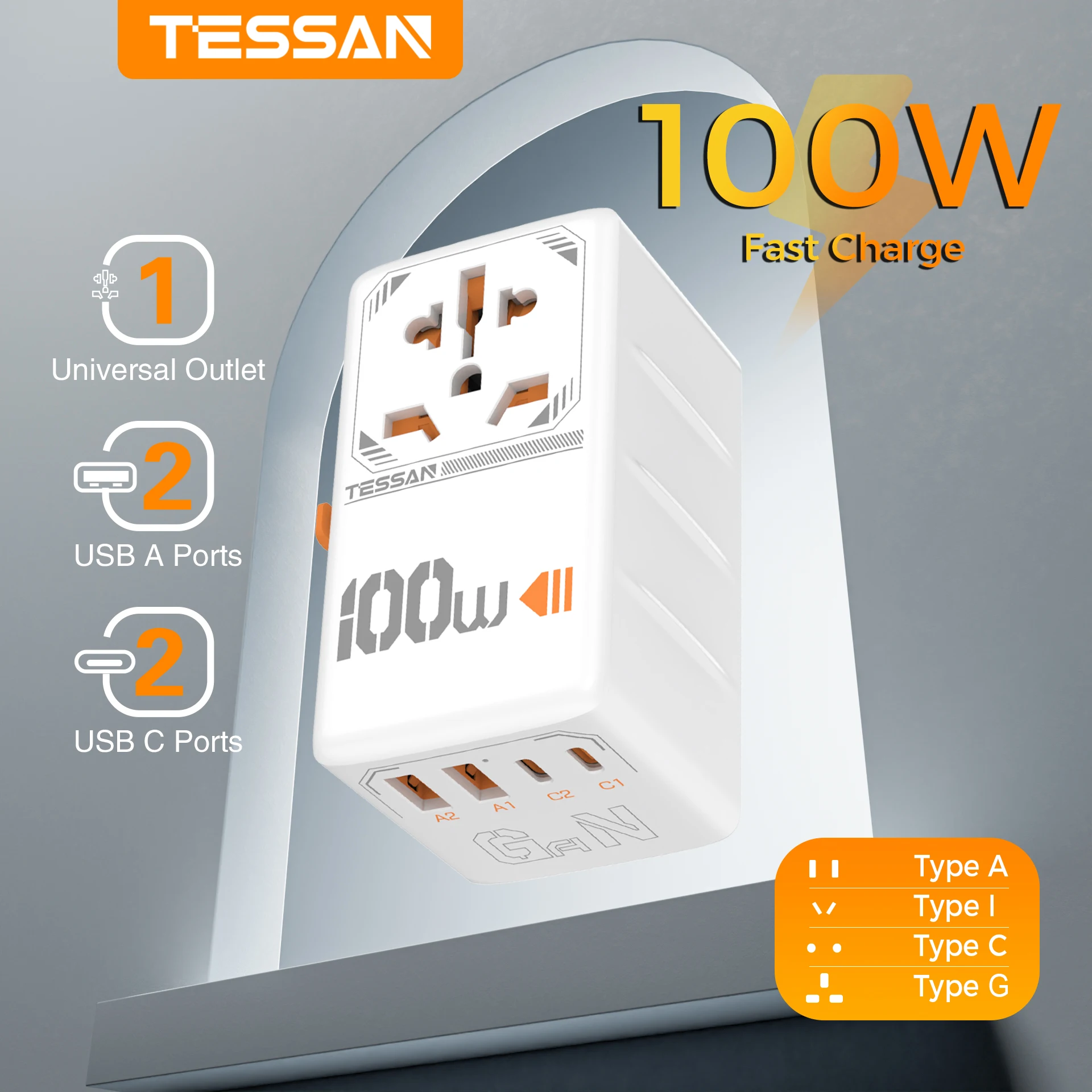 

TESSAN 100W/65W GaN Universal Travel Adapter with 2 USB 2 Type C Fast Charging All-in-one International EU UK USA AUS for Travel