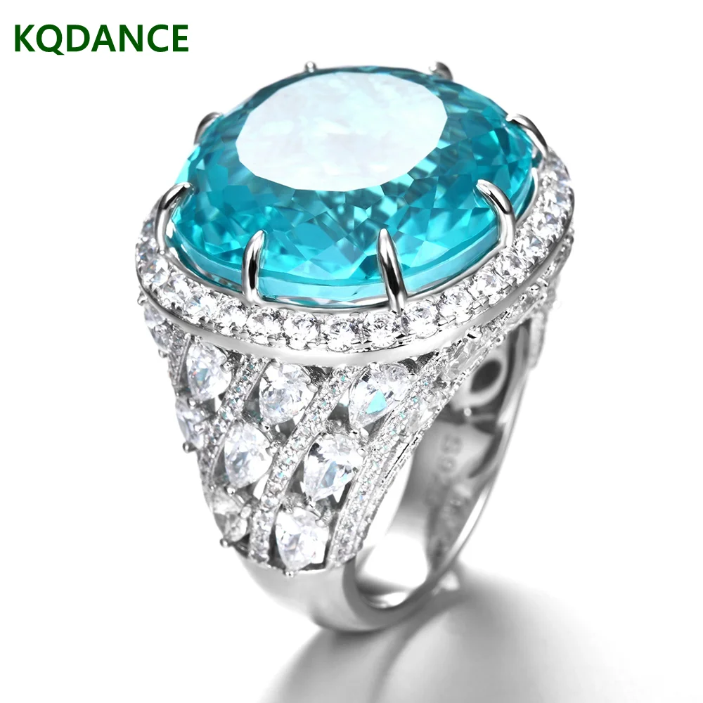 

KQDANCE Solid 925 Sterling Silver Rings for Women Luxury Shiny Big Paraiba Tourmaline Party Jewelry